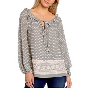 Max Studio Puff Sleeve Polka Dot Floral Trim Ruffle Trim Tassel Top Gray Pink SP